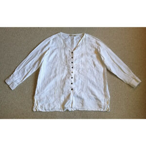 Womens Top-J. JILL-white 100% linen button-up pintucked tunic V-neck Coastal-L